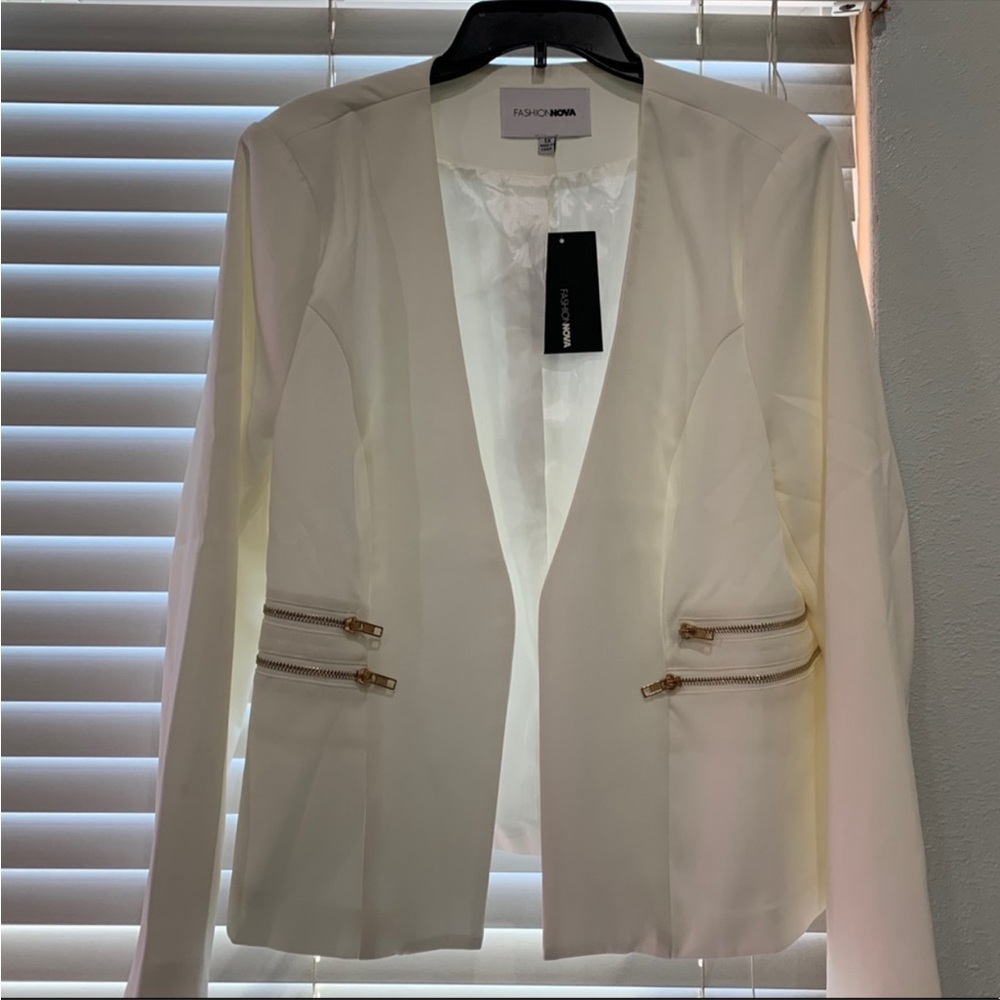 White Fashion Nova Blazer with Zipper Detailing